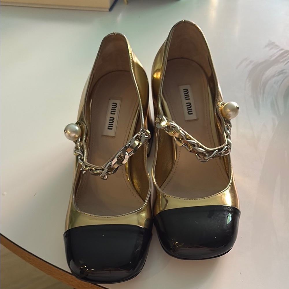 Miu Miu Gold and Black Heels with Chic Chain Detail